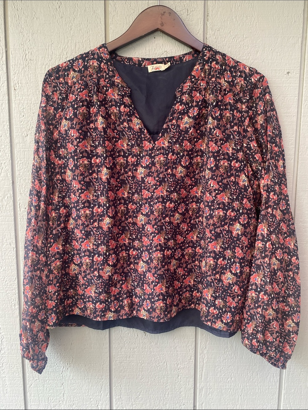 Faherty Silk/Cotton Blend Black Floral V-Neck Long-Sleeve Blouse